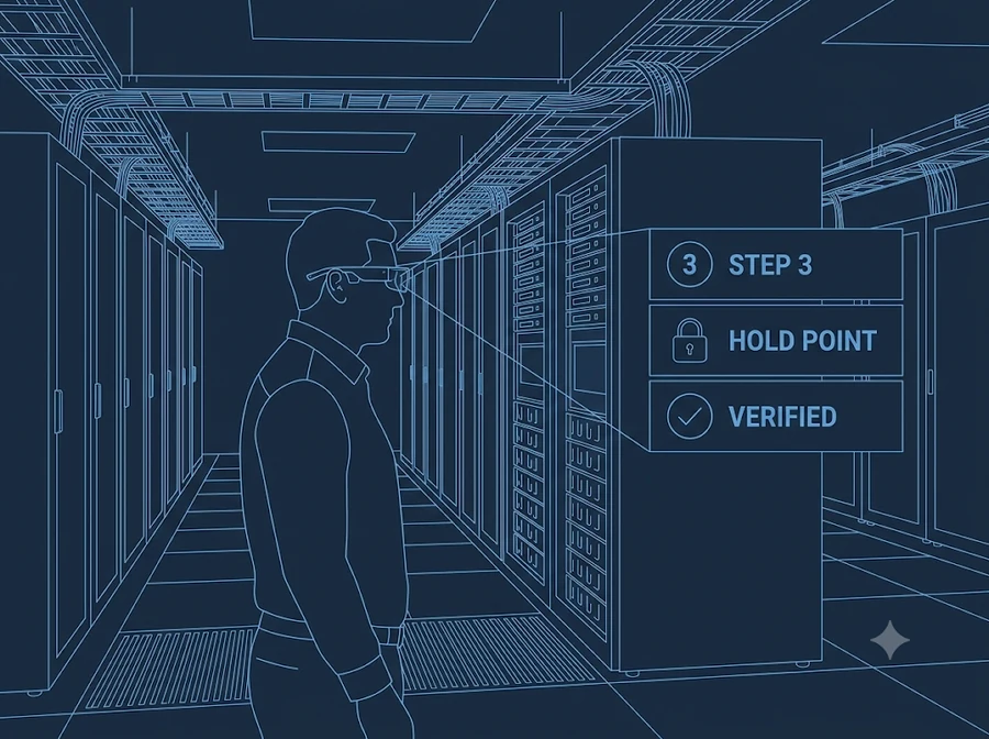 A technician wearing AR glasses gets a step number, hold point, and verification prompt overlaid on a server rack