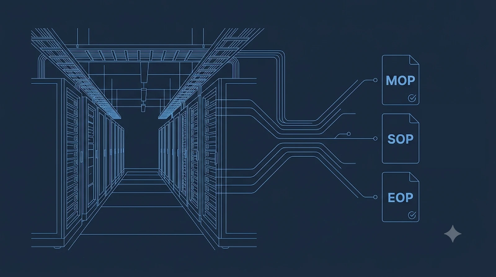 A data center's equipment rows connect through to its MOP, SOP, and EOP procedure set
